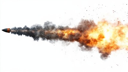 Fototapeta premium Dramatic rocket launch with intense fire and smoke trails, showcasing a powerful ascent, isolated on white