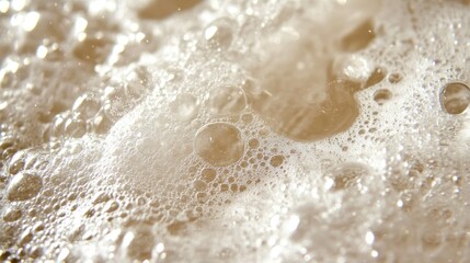 Macro shot of sparkling detergent bubbles floating on water, showing close details and reflecting light beautifully