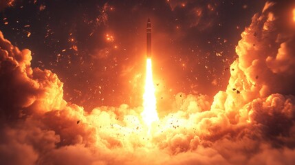 Dramatic rocket launch with vibrant flames and smoke trail against a bright background