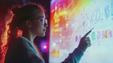 Teacher explaining math concepts in an online classroom, digital whiteboard and graphing tools projected onto studentsâ€™ devices."