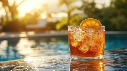 A refreshing cocktail on a poolside table, surrounded by summer sunlight and a relaxed atmosphere, perfect for a stylish lifestyle.