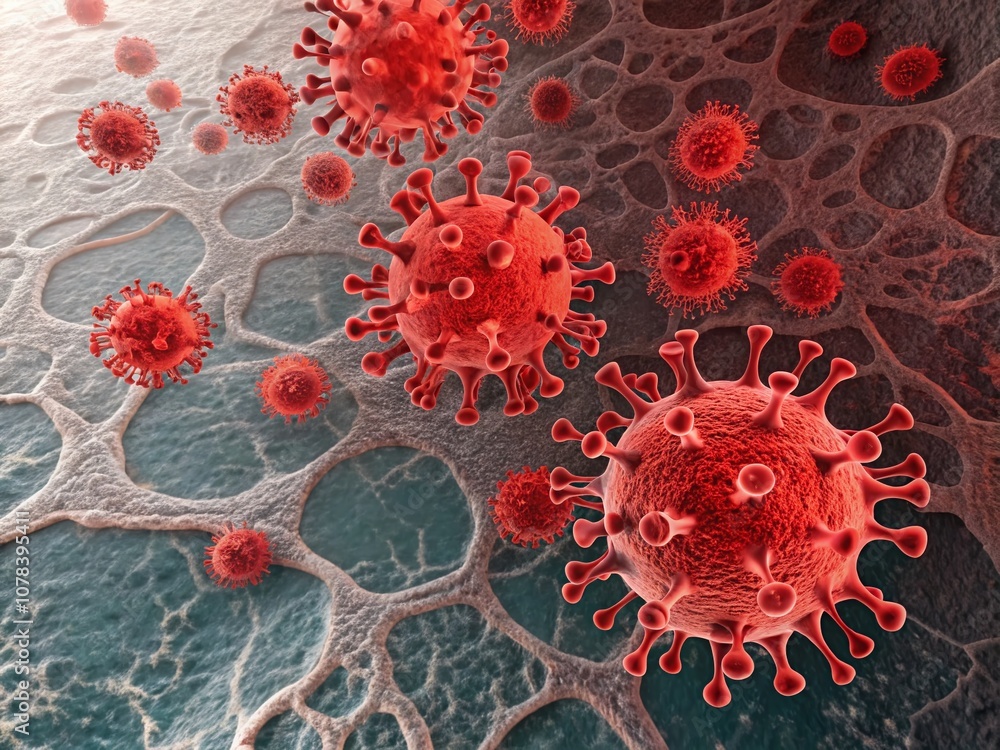 Poster abstract representation of multiple red viruses amidst a cellular background with ample copy space f