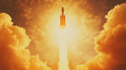 Obraz premium Fiery rocket liftoff with smoke trails billowing, dynamic and intense against a bright sky background