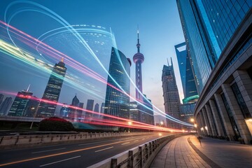 Fototapeta premium Abstract Technology Data Stream with Light and Speed: A Futuristic Architectural Visualization of Dynamic Energy Flow in a Digital World