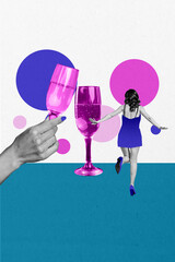 Vertical photo collage of sexy girl dance back short dress weekend party celebration glass champagne drink isolated on painted background