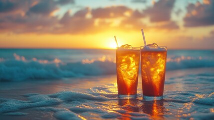 A pair of chilled beverages on the beach at sunset, with the sky ablaze in warm hues and the gentle waves providing a soothing backdrop.