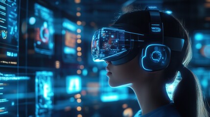 Teenagers wear VR headsets for virtual science experiments. Futuristic classroom environment with holographic displays."