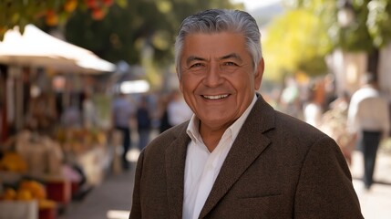Fototapeta premium Hispanic elderly male politician in outdoor marketplace setting for cultural and professional representation