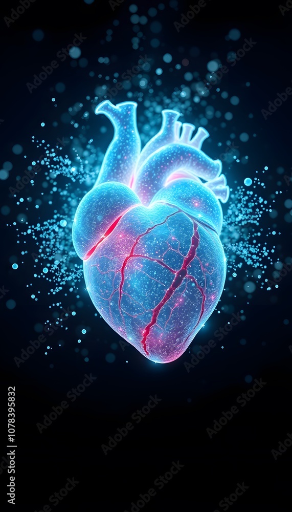 Poster a vigorously beautiful hart composed of particles with glowing effects for stunning visuals and abst
