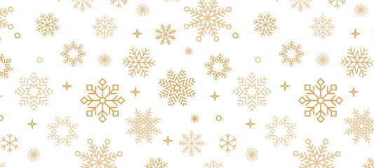 Seamless Christmas pattern gold snowflakes and stars wave isolated on transparent background. Vector decor for New year banner, Christmas card