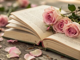 Abstract Vintage Photo Montage of Open Book and Roses with Soft Focus, Perfect for Book Lovers and Floral Aesthetics in a Dreamy, Whimsical Style for Home Decor and Art Prints