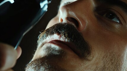 Naklejka premium Man using an electric shaver on his mustache, close-up view of the trimmer making sharp, precise strokes.