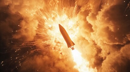 Obraz premium Intense rocket ignition with fire and smoke trailing, filling the scene with raw power and energy