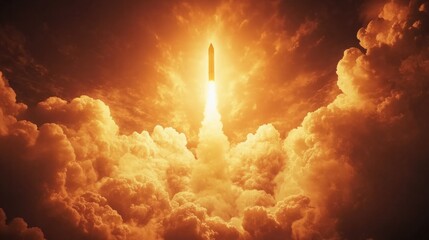 Powerful rocket launch with flames and thick smoke plume filling the sky, dramatic energy