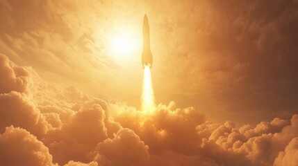 Powerful rocket launch with glowing flames and dense smoke trail, isolated against a bright sky