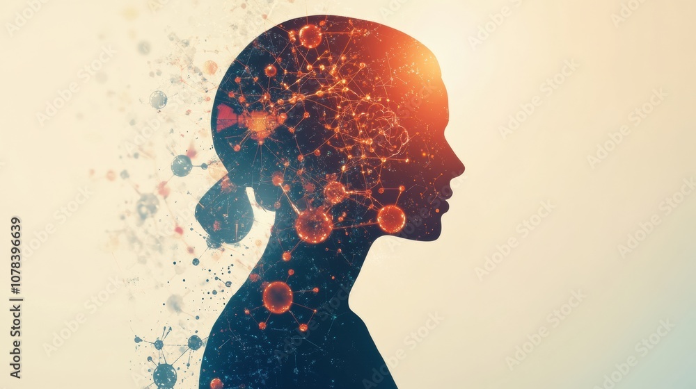 Poster a human silhouette is surrounded by vibrant molecules and diagrams, representing the intersection of