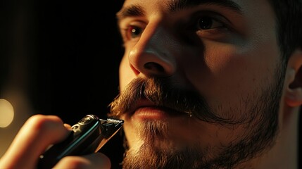 Man trimming his mustache with an electric shaver, close-up view capturing the focused precision.