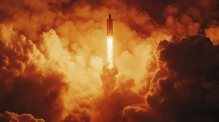 Fototapeta premium Rocket ascending with glowing flames and dense smoke, powerful against a bright sky