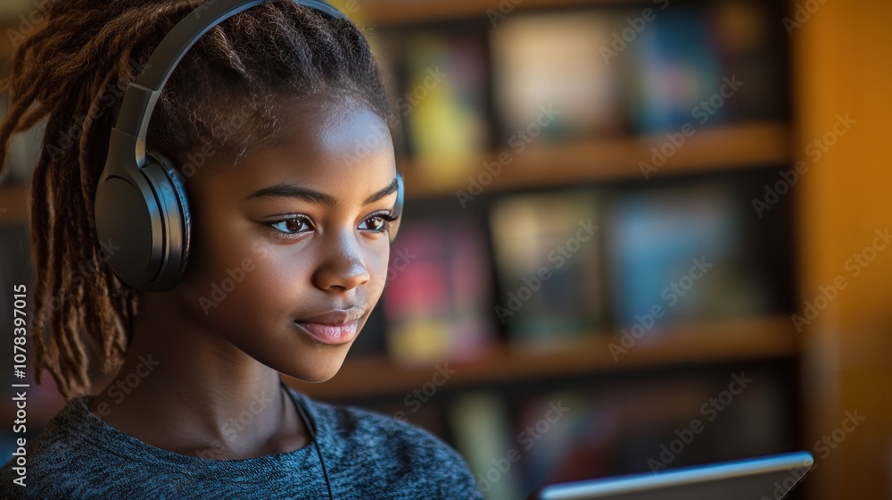 Poster young student using a tablet for distance learning, engaged in a virtual classroom session with head