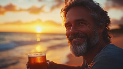A content man enjoying a beer at sunset on a beach, with the golden hues of the sun reflecting off the water and highlighting his joyful expression