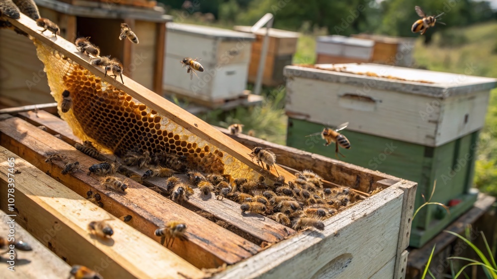 Poster a close-up view of a busy bee hive: nature's marvel of pollination and community dynamics in action 