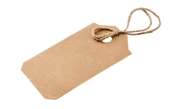 blank price tag made of natural material with string for attachment, Isolated white background