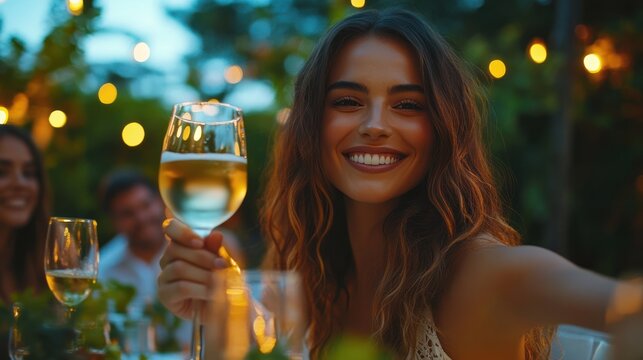 A beautiful woman toasting with friends in a backyard, surrounded by greenery, with diverse faces and joyful expressions captured in detail