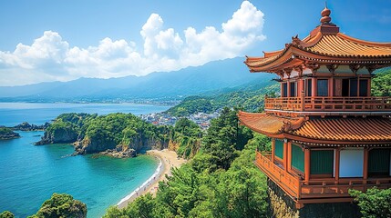 Obraz premium picturesque japanese seaside town traditional japanese architecture lush green hills bright blue sky with fluffy clouds