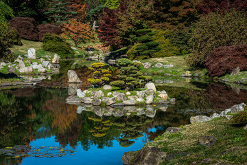 beautiful Japanese style zen garden ,in autumn ,with pond and rocks ,gardening and landscaping ,hobbies and interests