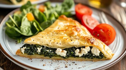 A slice of spinach and feta quiche on a plate with a side salad.