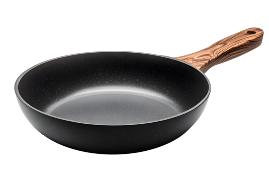 non stick frying pan with wooden handle, perfect for cooking.  Isolated white background