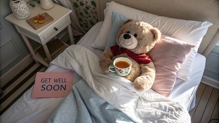 A Cozy Scene of a Sick Teddy Bear in Bed with a Cup of Hot Tea, Invoking Warmth and Comfort, Perfect for a 'Get Well Soon' Message or Card Design