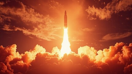 Rocket launch with bright flames and a thick smoke plume, rising powerfully against a dramatic sky