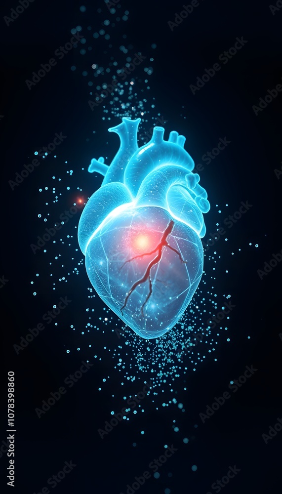 Poster A Vibrant Hart Dissolving in a Spectacular Display of Glowing Particles, Perfect for Captivating Visual Projects