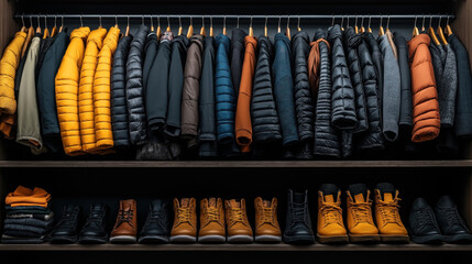 A neatly organized wooden closet showcasing a collection of colorful winter jackets on hangers, alongside an array of folded sweaters and leather boots on shelves beneath.