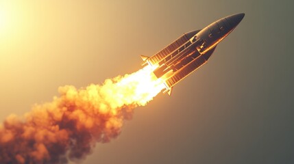 Rocket launch with flames and smoke trail against a clear sky, showcasing power and excitement