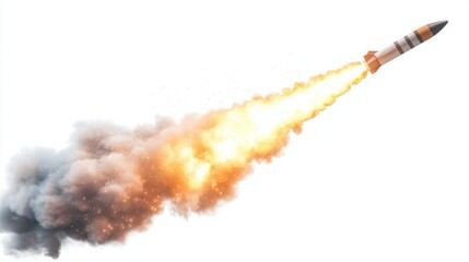 Rocket lifting off with fiery exhaust and thick smoke trail, a powerful symbol of progress, isolated on sky