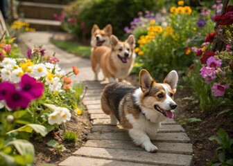 Adorable Corgis Playfully Exploring A Sunlit Garden, Capturing Their Unique Personalities in Candid Moments of Joy and Curiosity with Vibrant Flowers in Background