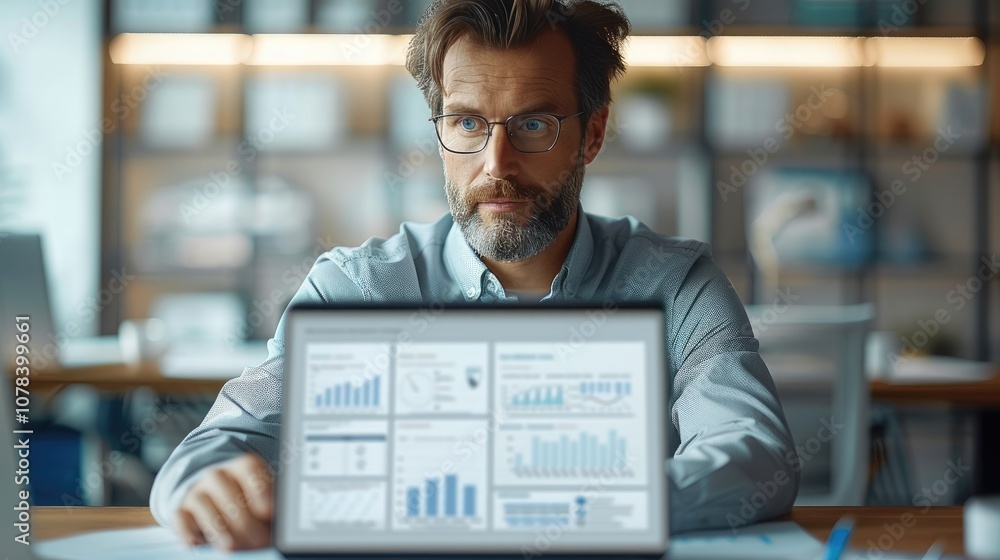 Poster A confident business professional working on a sleek laptop in a modern, slightly cluttered office, surrounded by multiple screens displaying data and billing automation processes.