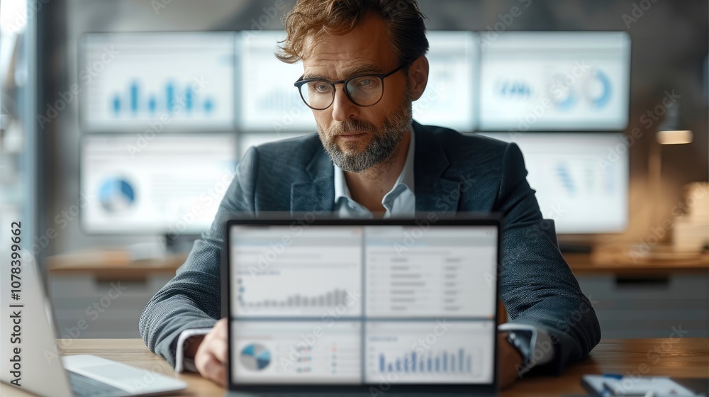 Poster A confident business professional working on a sleek laptop in a modern, slightly cluttered office, surrounded by multiple screens displaying data and billing automation processes.