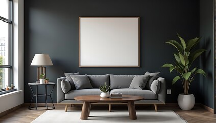 A framed artwork displayed on a dark accent wall in a modern office space, creating a professional and bold look for office-inspired designs.