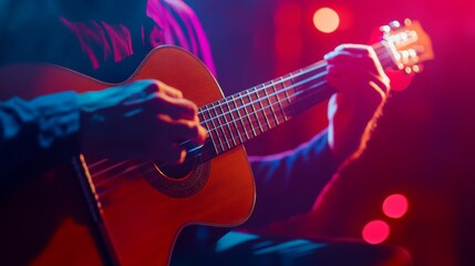 Obraz premium A musician passionately plays the guitar in a vibrant setting. Colorful lights enhance the mood. This moment captures the essence of creativity and joy. Generative AI