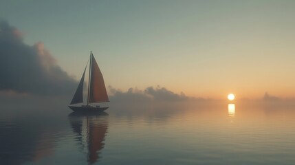 Solitary sailboat on calm ocean waters reflecting twilight