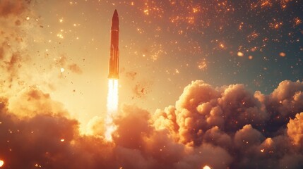 Fototapeta premium Rocket liftoff with glowing flames and dense smoke trailing, isolated against a bright sky