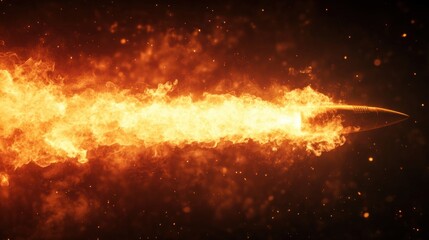 Rocket with intense flames and smoke trail in the background, ascending with strength and speed