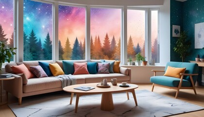 Fototapeta premium Scandinavian living room interior design zoom background,Doodle Galaxy patterned wallpaper graphics