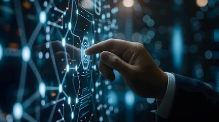 Businessman touching the AI Artificial Intelligence , Technology AI for working tools, Ideas an the adoption of technology in business in the digital age