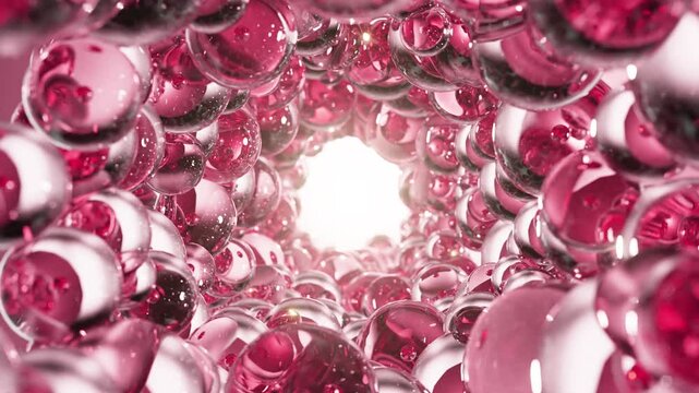Pink serum with liquid bubbles in a 3D abstract background. Hydrating essence gel with collagen molecules. Moisturizing cream or oil for skincare and beauty.