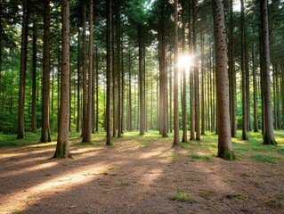 A dense forest with sunlight streaming through the tall trees