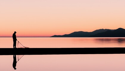 Fototapeta premium A fisherman casts his net into a calm sea at dawn, the horizon glowing with hues of orange and pink, signaling a new day